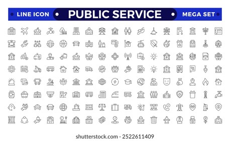 Public service Outline icon collection set. Containing policy, needs, community, government employee, public finance, interest, volunteer, Gas, electricity, water, heating icon. 
