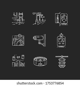 Public service regulation chalk white icons set on black background. Traffic control. Road light. Video surveillance. Sport stadium. Passenger platform. Isolated vector chalkboard illustrations