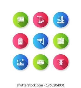 Public service regulation flat design long shadow glyph icons set. Traffic control. Road light. Video surveillance. Sport stadium. Passenger platform. Silhouette RGB color illustration