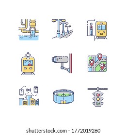 Public Service Regulation RGB Color Icons Set. Traffic Control. Road Light. Video Surveillance. Sport Stadium. Passenger Platform. Mobile Network Coverage. Isolated Vector Illustrations