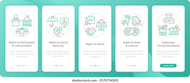 Public service rights app onboarding screens. Duo tone vector illustration. UI design flow. 5 steps walkthrough mobile interface slide layout