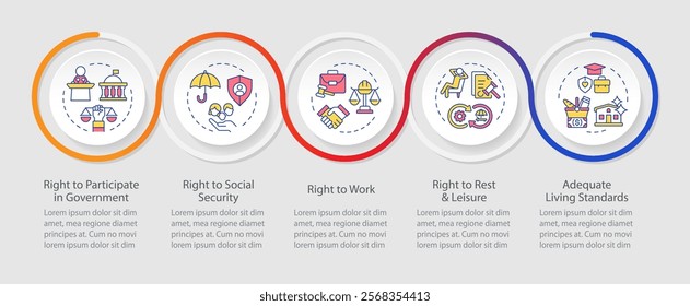 Public service rights infographics circles sequence. Government regulation, compliance. Visualization layout with 5 steps. Info chart loop process presentation