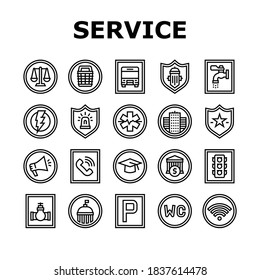 Public Service Signs Collection Icons Set Vector. Bus Stop And Parking, Police And Ambulance, Wifi Internet And Shop, Goverment And Bank Service Black Contour Illustrations