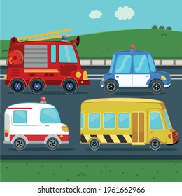Public service vehicles collection for kids. Police car, ambulance, firetruck, school bus. Vector illustration.