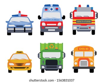 Public service vehicles. Set of front view flat icons of police car, ambulance car, fire department vehicle, taxi car, garbage collector and school bus.