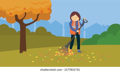 Public Service Worker Raking Leaves In The Park