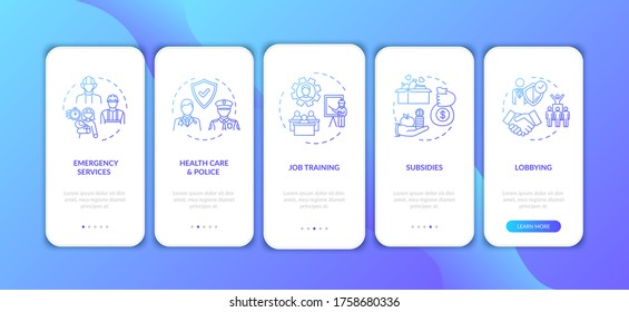 Public service worker support onboarding mobile app page screen with concepts. Community assistance walkthrough 5 steps graphic instructions. UI vector template with RGB color illustrations