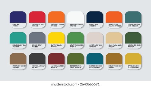 Paleta de cores de serviços públicos - Guia de amostra de cores temáticas do catálogo de serviços públicos com códigos HEX. Paleta de cores de profissões de serviços públicos com vários tons inspirados e canais de construção
