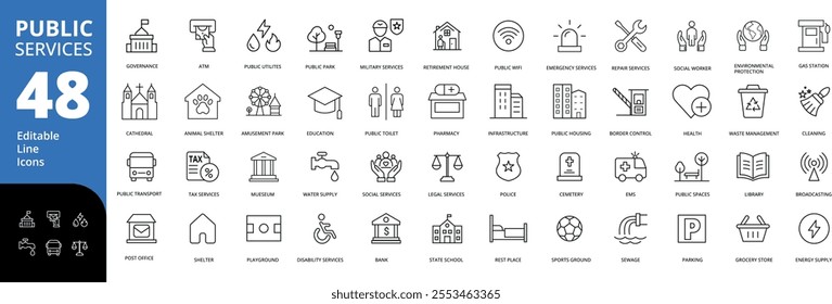 Public Services Editable Line Icons Set : editable tax housing library disability management police infrastructure public emergency repair social pharmacy school military service education transport 