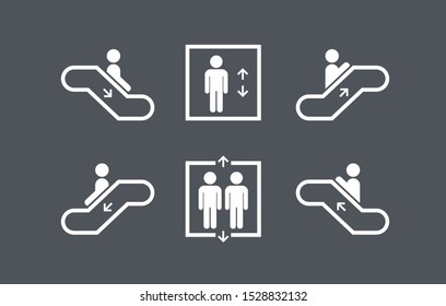 Public Services Elevator and Escalator set icons with humans. Lift or elevator up and down symbols. Vector illustration.