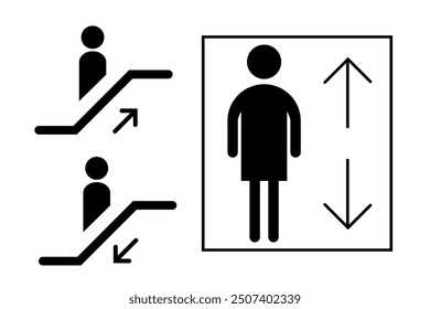 Public Services Elevator and Escalator set icons with humans. Lift or elevator up and down symbols. Vector illustration.