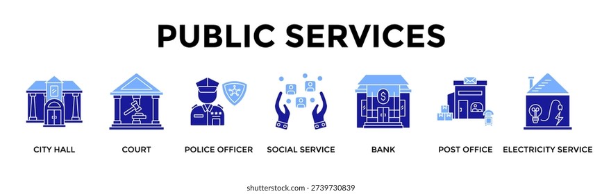 Public Services Icon Set Collection Pack Banner Web Vector Illustration Concept Containing City Hall, Court, Police Officer, Social Service, Bank, Post Office, Electricity Service