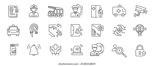 Conjunto de ícones de serviços públicos. Segurança, apólice, bombeiro, policial, seguro, lei. Vetor.