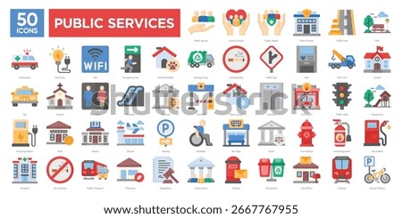 Public services icons collection set. Containing transportation, healthcare, safety, utilities, and government facilities. Ideal for maps, infographics, and urban planning designs.