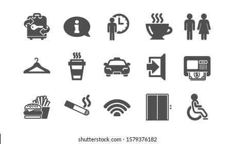 Symbole für öffentliche Dienstleistungen. Aufzug, Taxi und WLAN. Klassisches Fast Food-Icon-Set. Qualitätssatz. Vektorillustration
