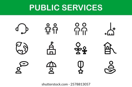 Public Services Icons. Scalable Outline Graphics for Civic, Infrastructure, and Community Service Applications