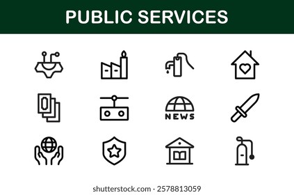 Public Services Icons. Scalable Outline Graphics for Civic, Infrastructure, and Community Service Applications