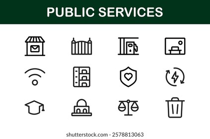 Public Services Icons. Scalable Outline Graphics for Civic, Infrastructure, and Community Service Applications