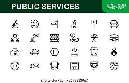 Public Services Icons. Scalable Outline Graphics for Civic, Infrastructure, and Community Service Applications