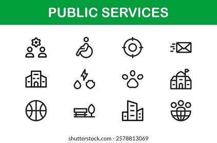 Public Services Icons. Scalable Outline Graphics for Civic, Infrastructure, and Community Service Applications