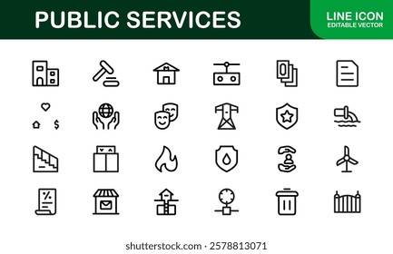 Public Services Icons. Scalable Outline Graphics for Civic, Infrastructure, and Community Service Applications