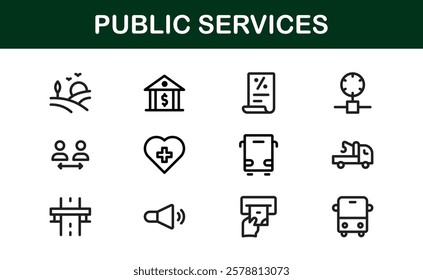 Public Services Icons. Scalable Outline Graphics for Civic, Infrastructure, and Community Service Applications