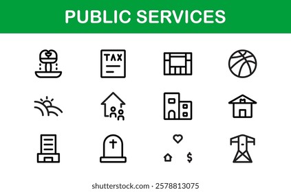 Public Services Icons. Scalable Outline Graphics for Civic, Infrastructure, and Community Service Applications