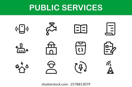 Public Services Icons. Scalable Outline Graphics for Civic, Infrastructure, and Community Service Applications