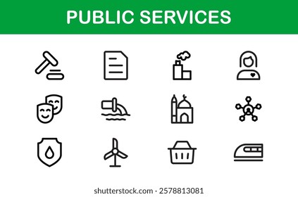 Public Services Icons. Scalable Outline Graphics for Civic, Infrastructure, and Community Service Applications