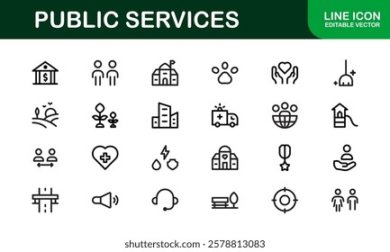 Public Services Icons. Scalable Outline Graphics for Civic, Infrastructure, and Community Service Applications