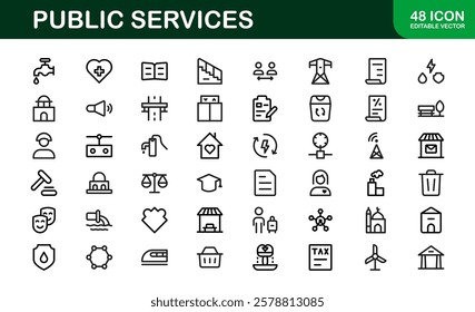 Public Services Icons. Scalable Outline Graphics for Civic, Infrastructure, and Community Service Applications