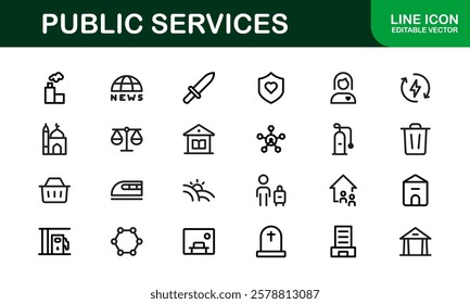 Public Services Icons. Scalable Outline Graphics for Civic, Infrastructure, and Community Service Applications