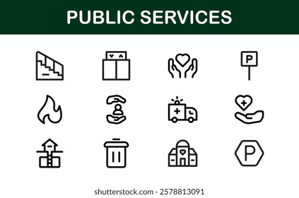 Public Services Icons. Scalable Outline Graphics for Civic, Infrastructure, and Community Service Applications