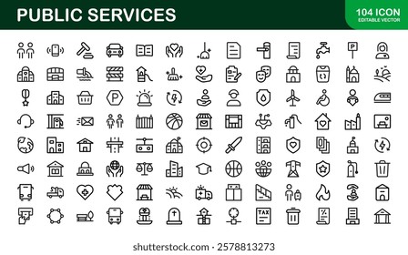 Public Services Icons. Scalable Outline Graphics for Civic, Infrastructure, and Community Service Applications