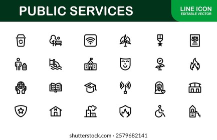 Public Services Icons. Scalable Outline Graphics for Civic, Infrastructure, and Community Service Applications