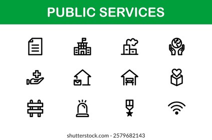 Public Services Icons. Scalable Outline Graphics for Civic, Infrastructure, and Community Service Applications