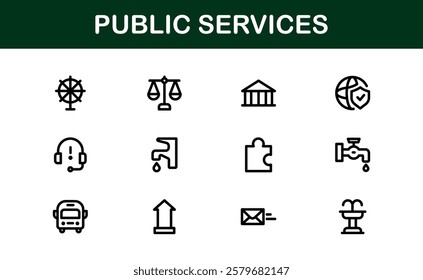 Public Services Icons. Scalable Outline Graphics for Civic, Infrastructure, and Community Service Applications