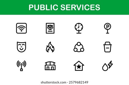 Public Services Icons. Scalable Outline Graphics for Civic, Infrastructure, and Community Service Applications