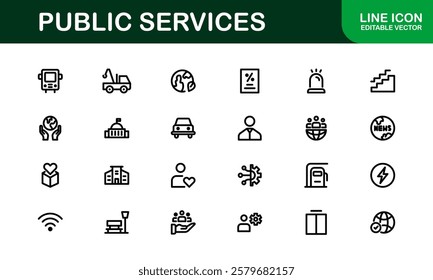 Public Services Icons. Scalable Outline Graphics for Civic, Infrastructure, and Community Service Applications