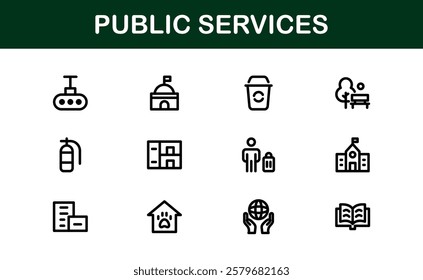 Public Services Icons. Scalable Outline Graphics for Civic, Infrastructure, and Community Service Applications