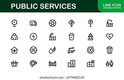 Public Services Icons. Scalable Outline Graphics for Civic, Infrastructure, and Community Service Applications