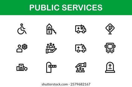 Public Services Icons. Scalable Outline Graphics for Civic, Infrastructure, and Community Service Applications