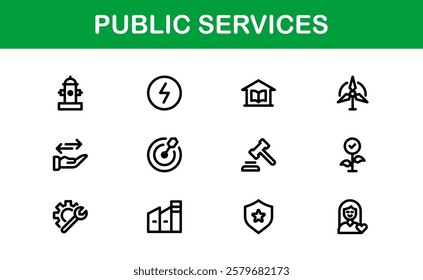 Public Services Icons. Scalable Outline Graphics for Civic, Infrastructure, and Community Service Applications