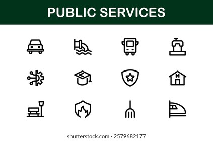 Public Services Icons. Scalable Outline Graphics for Civic, Infrastructure, and Community Service Applications