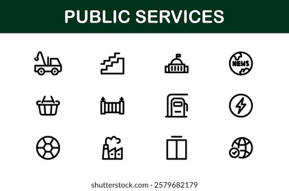 Public Services Icons. Scalable Outline Graphics for Civic, Infrastructure, and Community Service Applications