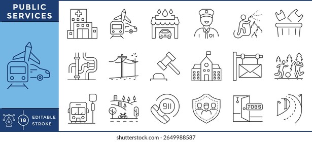 Public services icons set. Public hospital, car wash, transportation, school, drinking water, roads, postal, law, and many more. Vector editable stroke.