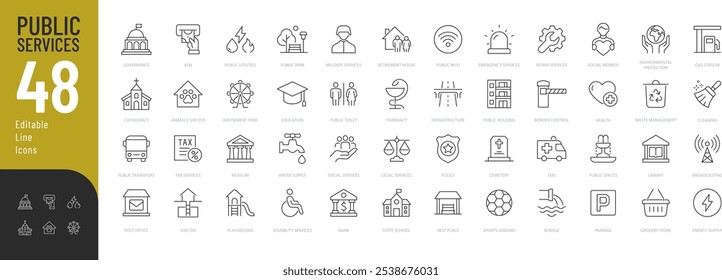 Conjunto de ícones editáveis da linha de serviços públicos. Ilustração vetorial no estilo moderno de linha fina de ícones sociais: tribunal, educação, serviços sociais e muito mais. Pictogramas e infográficos para aplicativos móveis