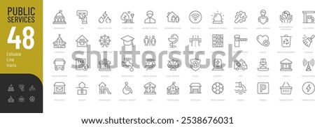 Public Services Line Editable Icons set. Vector illustration in modern thin line style of social icons: court, education, social services, and more. Pictograms and infographics for mobile apps
