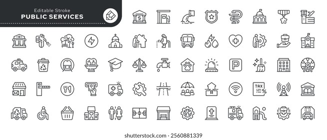 Public services line icon set. Court, social service, education, water, supply, electricity, nursing home, community center, transport, park, government. Outline vector icon. Pictogram collection.