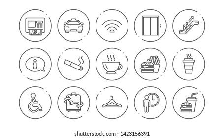 Public Services Line Icons. Elevator, Taxi And Wifi Internet. Fast Food Linear Icon Set. Line Buttons With Icon. Editable Stroke. Vector